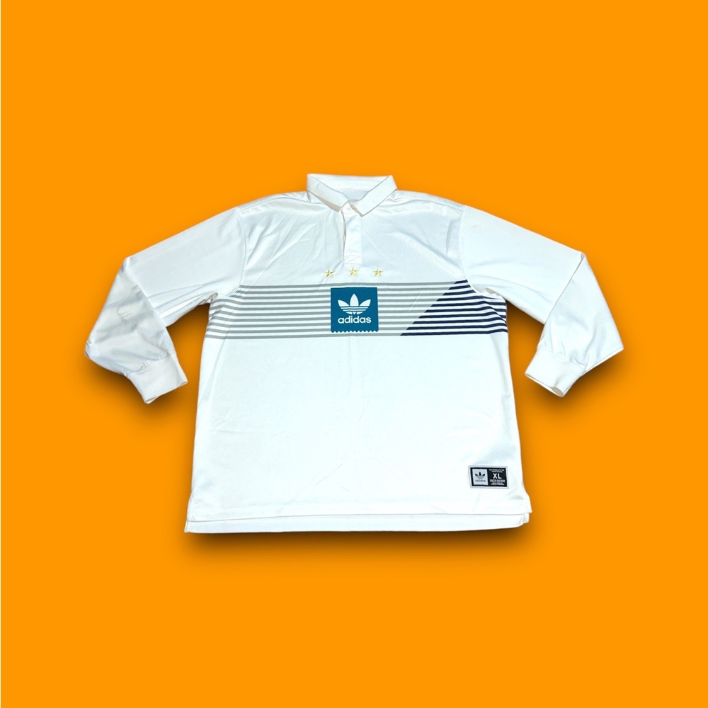 adidas Originals White Long Sleeve Polo Tee with Blue Logo